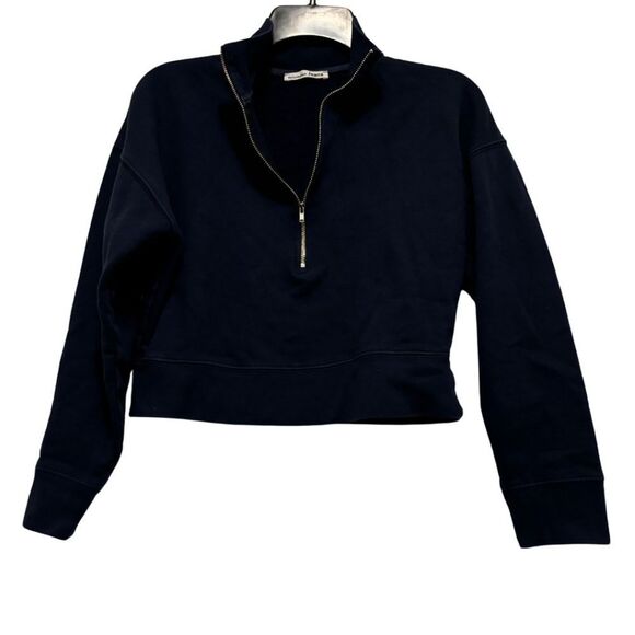 Reformation Marla Half Zip Cropped Sweatshirt in Navy - Picture 3 of 9